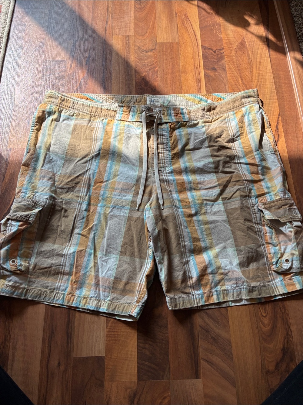 Old Navy Plaid Cargo Drawstring Shorts - Brown, Blue, Tan